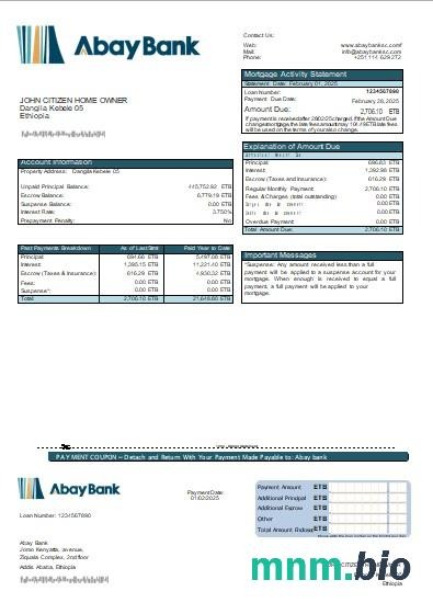 Etiopia Bank Abay wyciąg z kredytu hipotecznego szablon Word i PDF